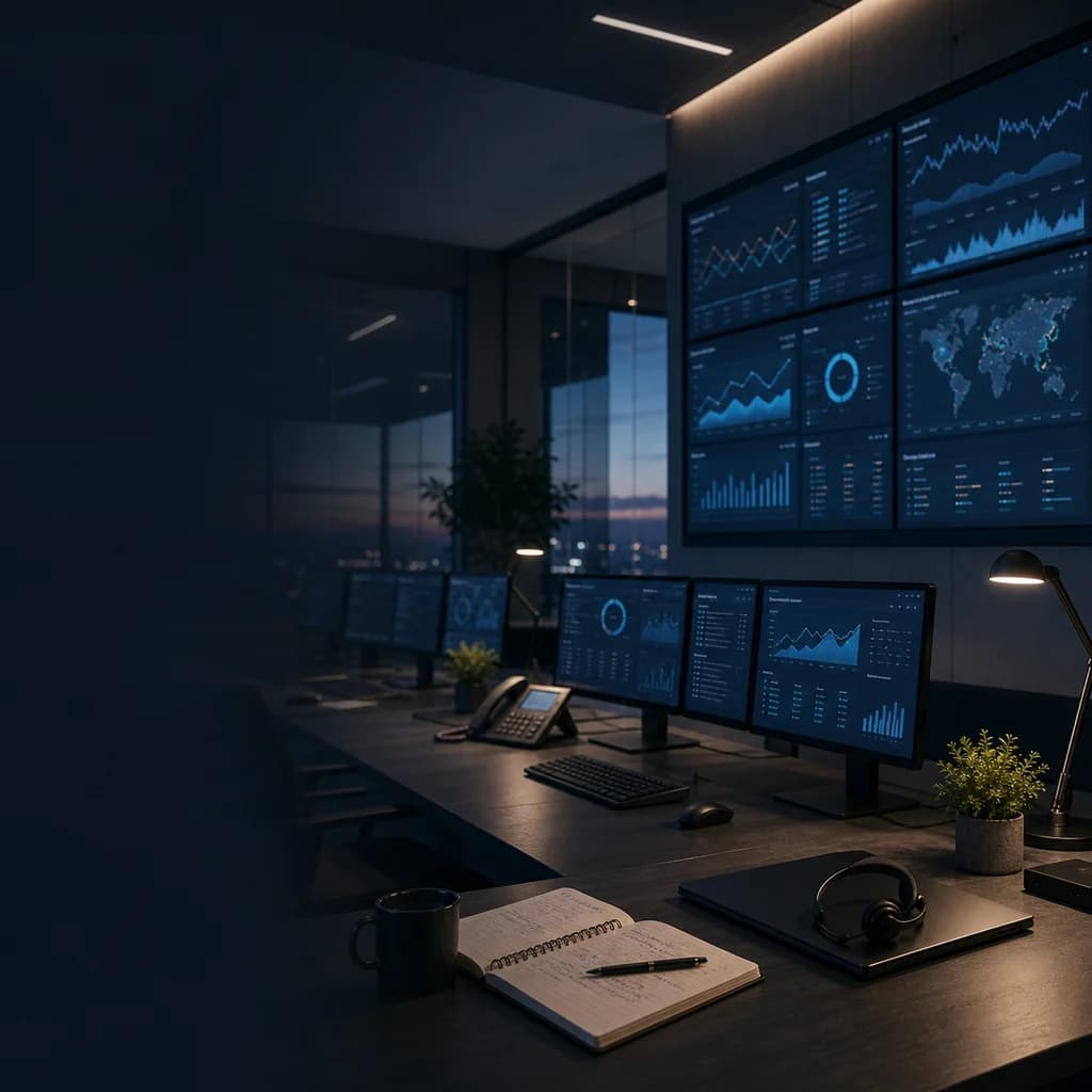Operations command workspace with dashboards and production monitoring screens
