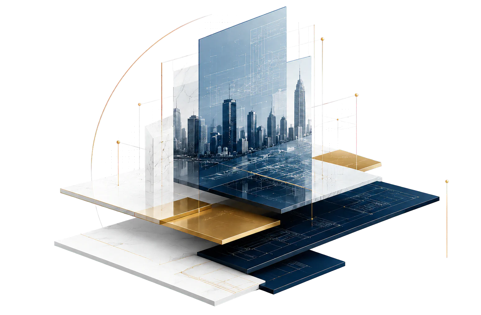 Layered navy, white, and yellow architectural system with a city skyline and technical plans