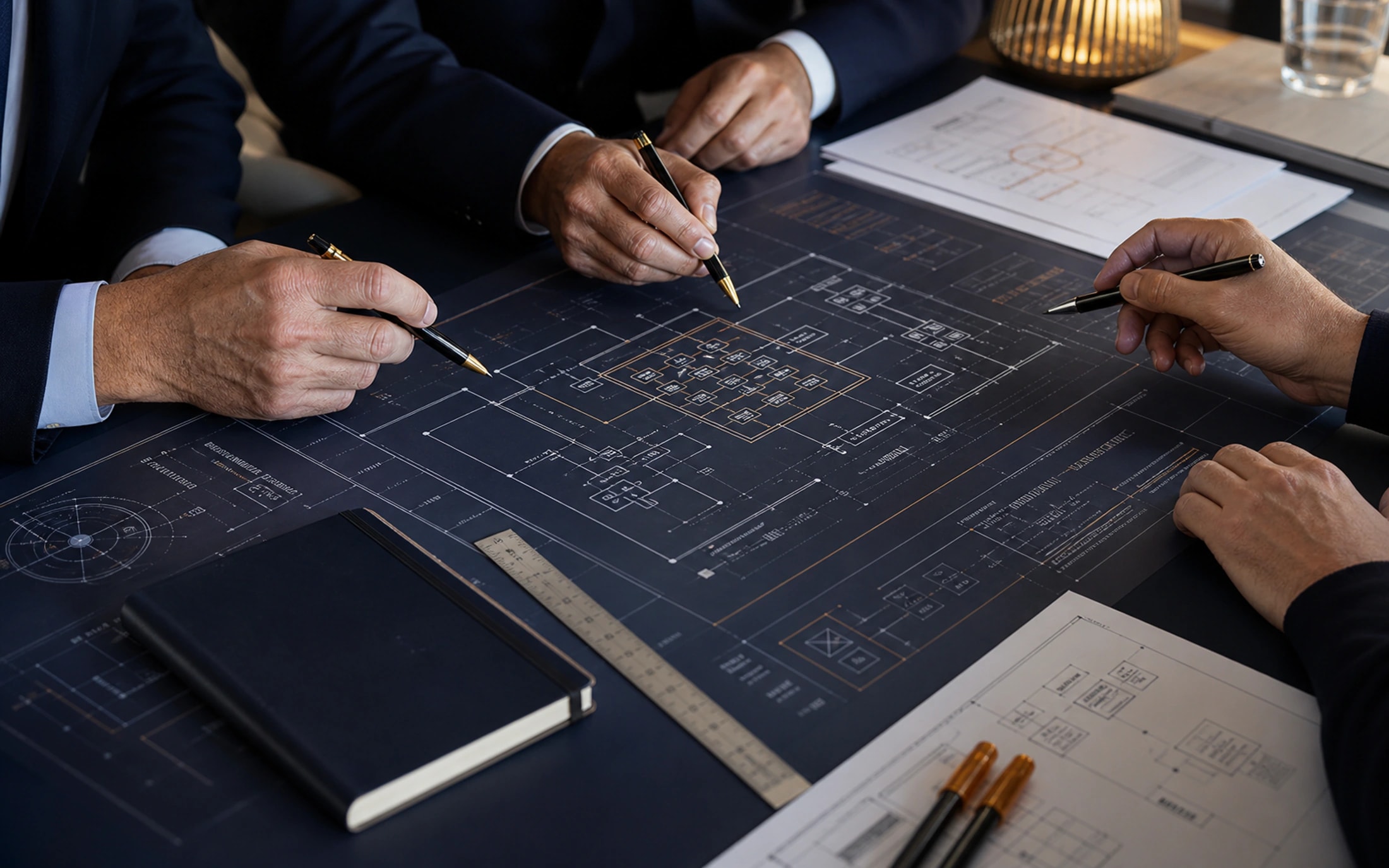 Team hands reviewing a delivery blueprint, notebooks, and technical documents on a navy worktable