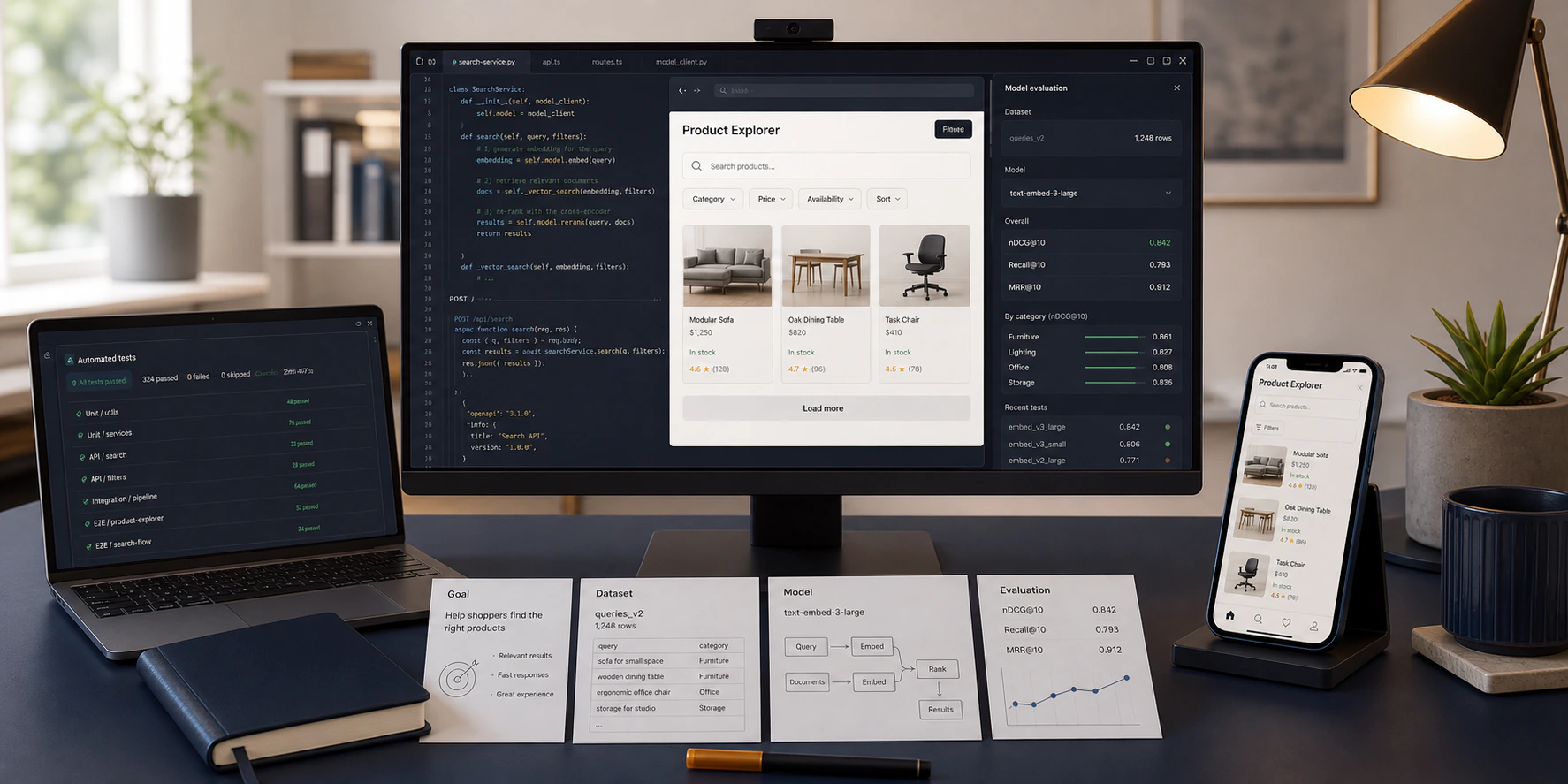 Software product workspace with web and mobile app previews, code, testing notes, and developer tools