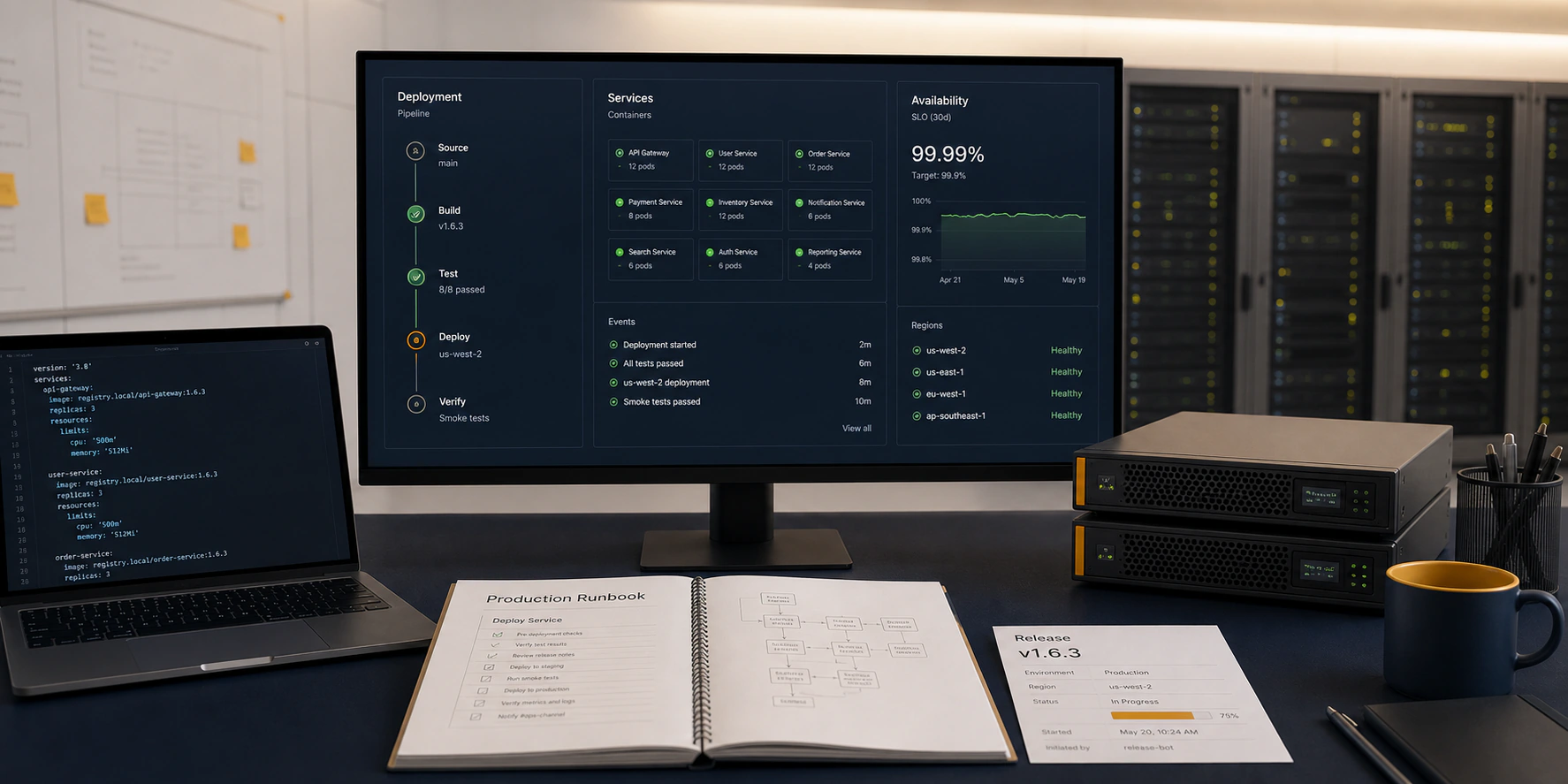 Cloud platform workspace with deployment stages, service-health views, a compact server appliance, and an operational runbook